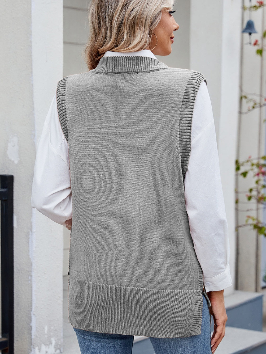 Buttoned Round Neck Sweater Vest