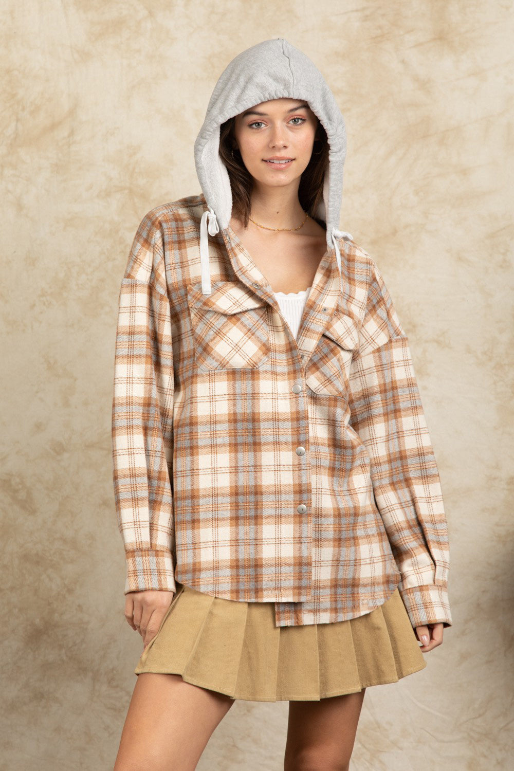 Drawstring Plaid Long Sleeve Hooded Jacket