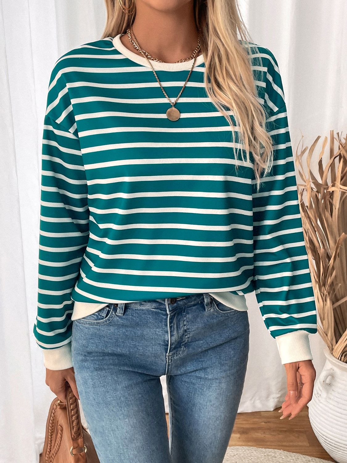 Perfee Striped Contrast Round Neck Long Sleeve Sweatshirt