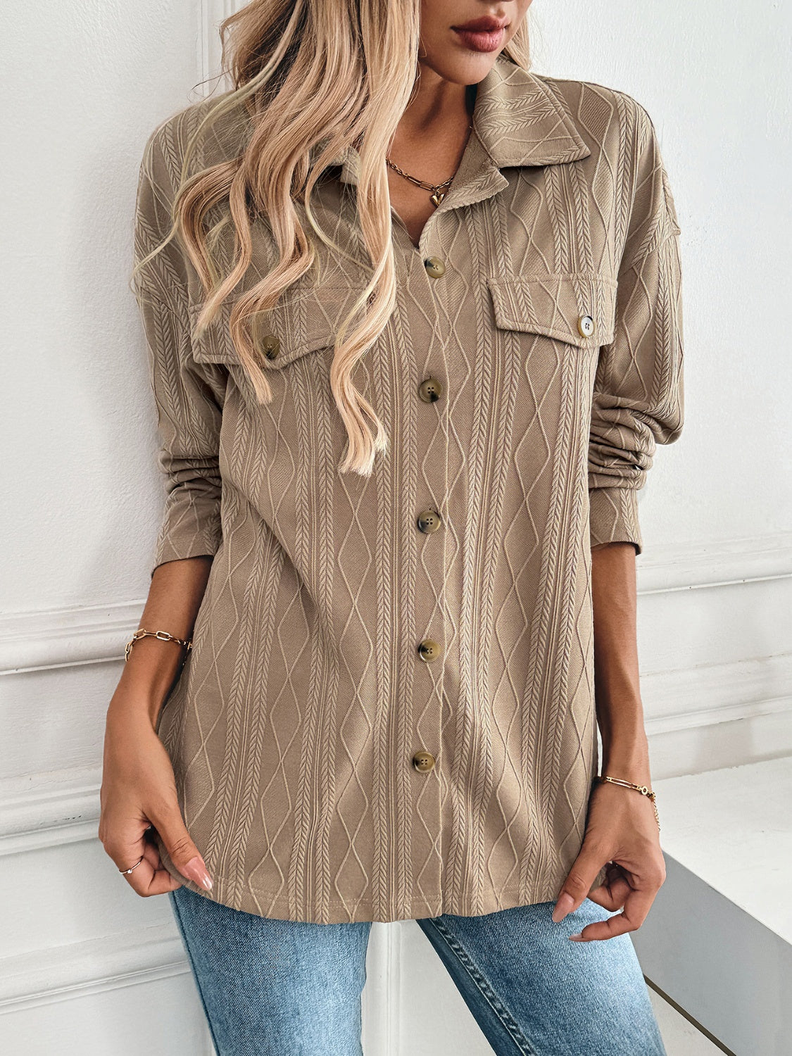 Textured Collared Neck Button Down Shacket