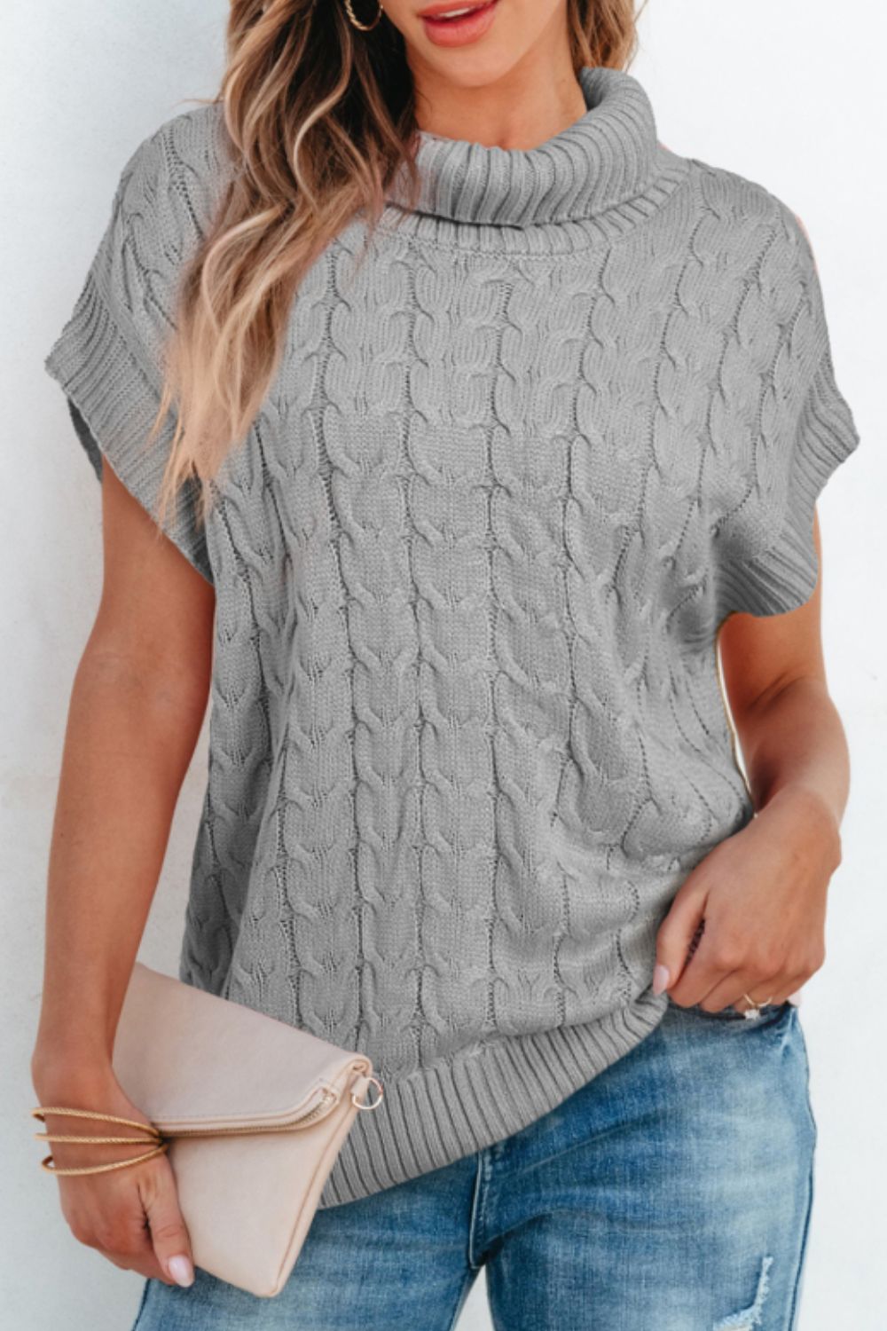 Cable Knit Turtleneck Short Sleeve Sweater