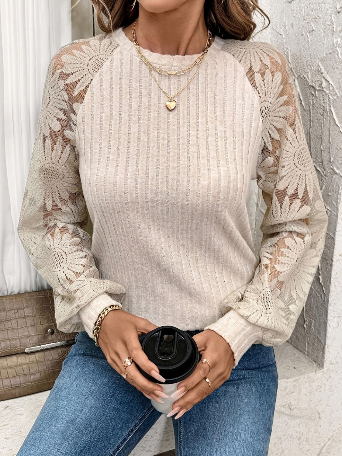 Round Neck Lace Patchwork Long Sleeve Top