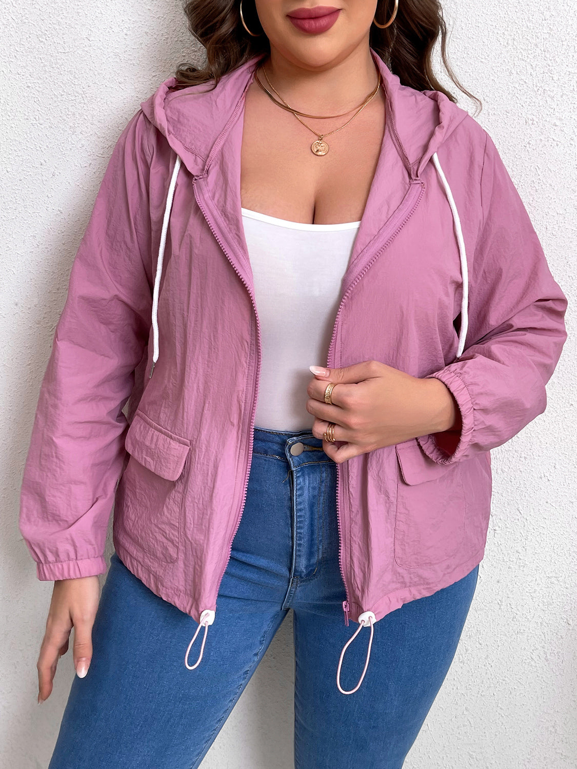 Plus Size Zip-Up Drawstring Hooded Jacket with Pockets